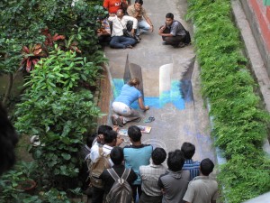 3D street painting workshop painting in progress - Kolkata, India
