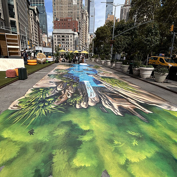 3D Lazy River – Reverse View Reverse view of Disney Lakeshore Lodge 3D anamorphic street painting at Flatiron Plaza in Manhattan, New York City.